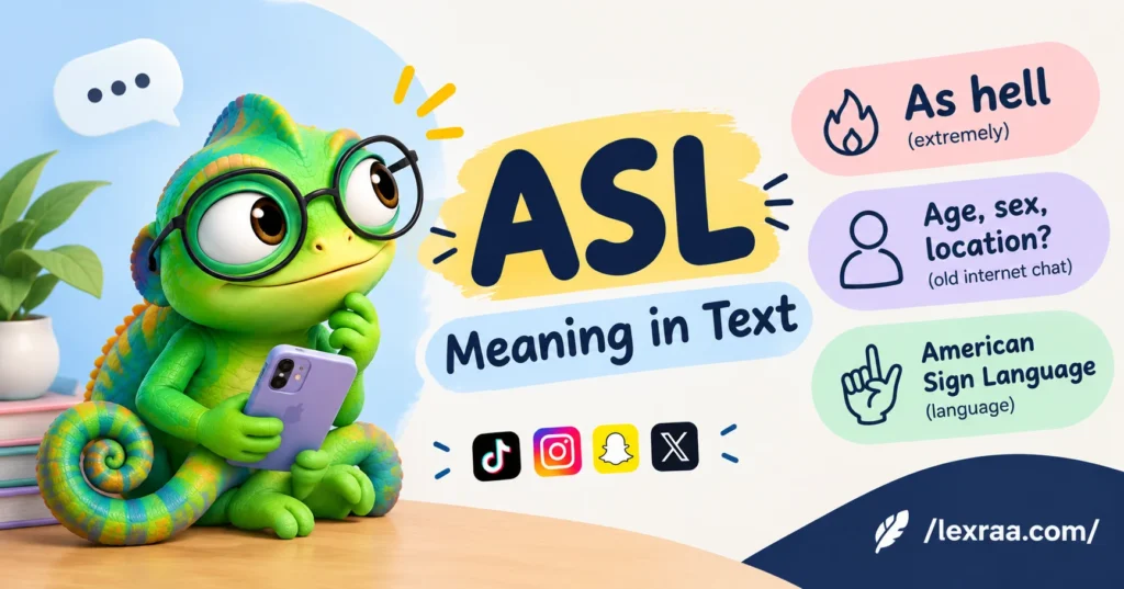 ASL meaning in text explained with a colorful 3D chameleon, showing “as hell,” “age, sex, location?” and “American Sign Language” as the main meanings.