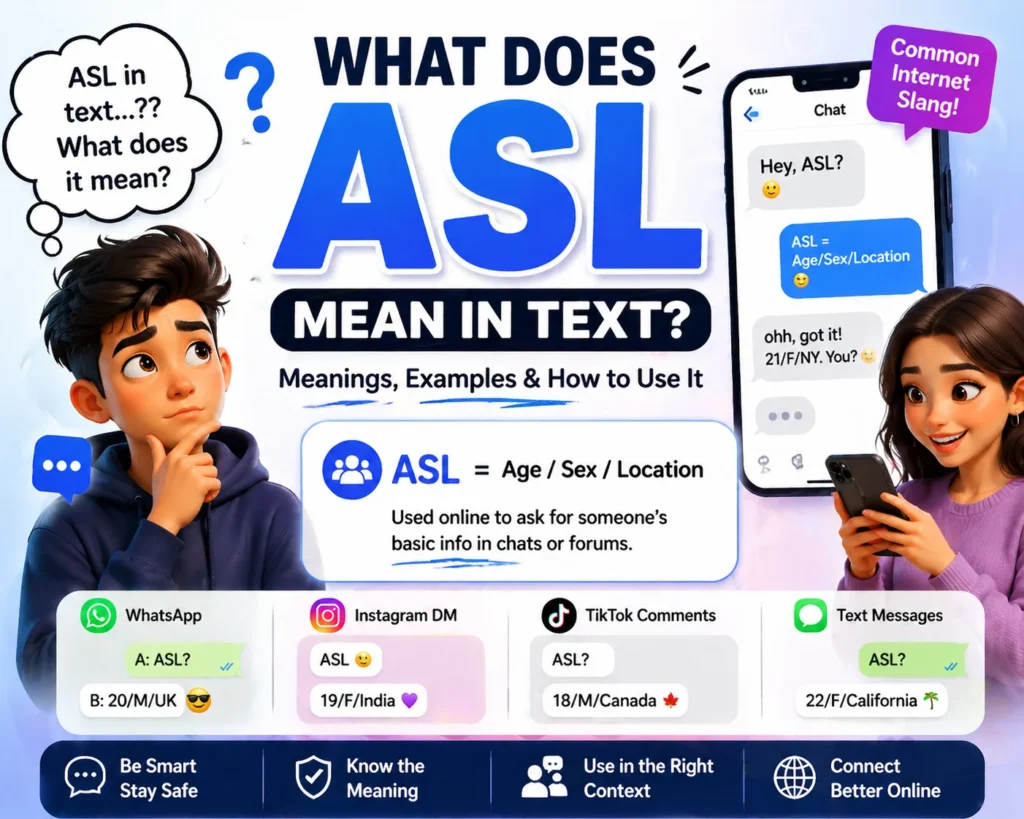 A colorful infographic explaining "ASL" in text slang with bold typography and animated characters. It includes chat examples and social media icons to illustrate the use of "Age/Sex/Location" in casual conversations.