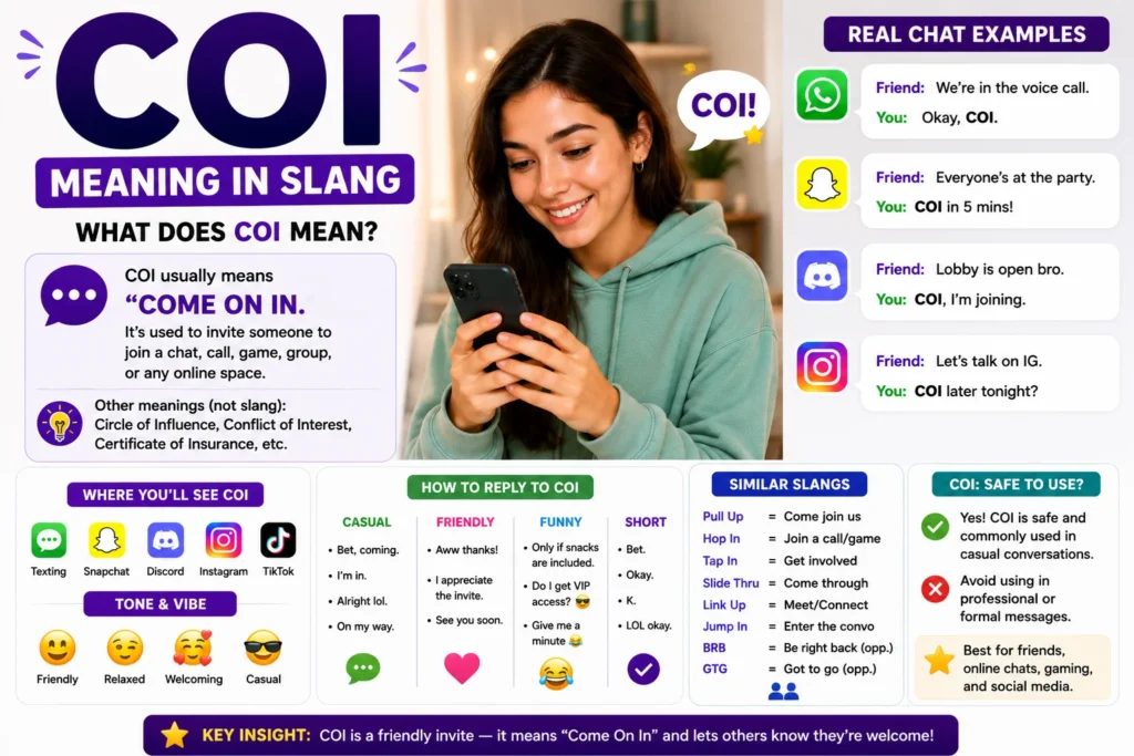 Featured image for “COI Meaning in Slang” showing a smiling young woman using a smartphone, with large COI text, chat examples, social media icons, and an explanation that COI commonly means “Come On In” in online conversations and messaging apps.