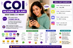 Featured image for “COI Meaning in Slang” showing a smiling young woman using a smartphone, with large COI text, chat examples, social media icons, and an explanation that COI commonly means “Come On In” in online conversations and messaging apps.