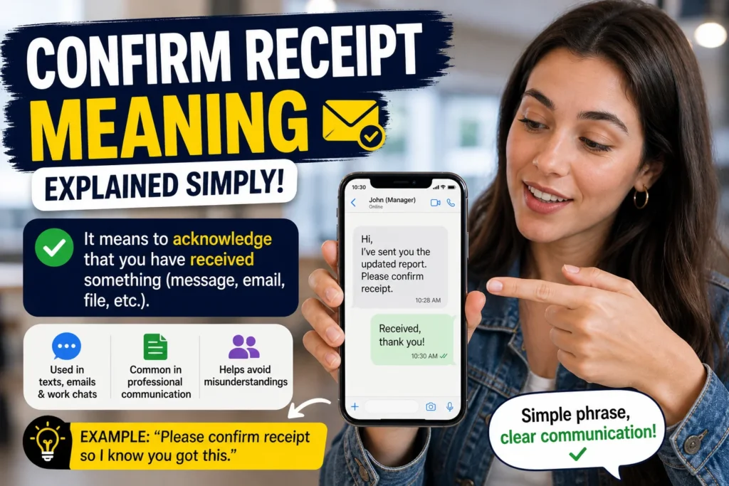 Young woman holding a smartphone displaying a message exchange about confirming receipt, with bold overlay text “Confirm Receipt Meaning Explained Simply” and icons highlighting acknowledgment, professional communication, and clear messaging.