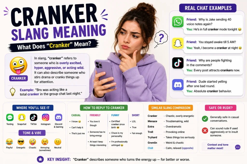 Modern infographic-style featured image for “Cranker Slang Meaning” showing a confused young woman holding a smartphone, with bold “CRANKER” text, chat examples, social media icons, and simple explanations about the slang’s meaning and tone online.
