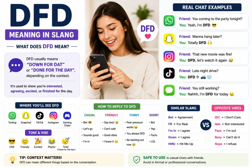 Clean and modern featured image for “DFD Meaning Slang” showing a confused young woman reacting to text messages on a smartphone, with bold “DFD” lettering and a neat social media chat-style design background.
