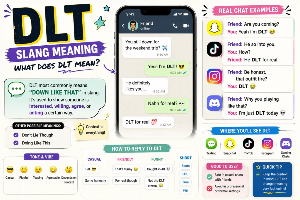 Clean modern infographic-style featured image explaining “DLT” slang meaning with a surprised young woman holding a phone, chat message examples, social media icons, and colorful text showing what DLT means in texting and online conversations.