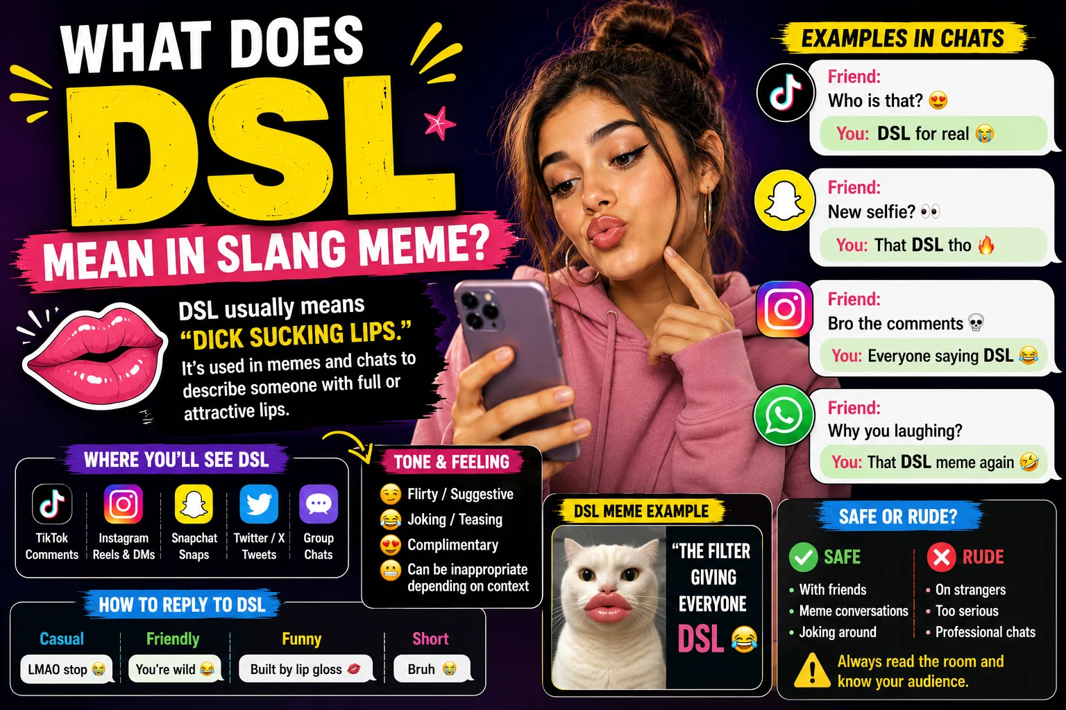 Colorful infographic-style featured image explaining “DSL” slang meme meaning, showing a young woman making a pout face while texting, with social media chat examples, meme references, and bold text about DSL meaning in online slang culture.