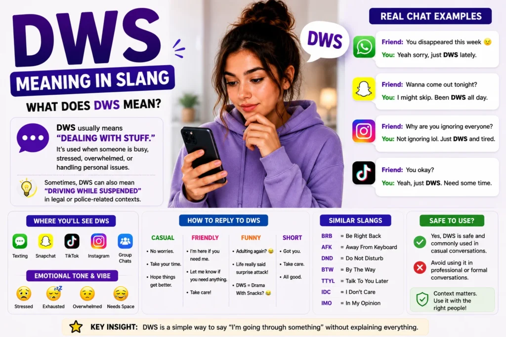Clean infographic-style featured image explaining “DWS meaning slang” with a young woman using her phone, bold DWS text, chat examples, emotional tone icons, social media symbols, and simple explanations about “Dealing With Stuff” in texting and online conversations.