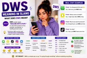 Clean infographic-style featured image explaining “DWS meaning slang” with a young woman using her phone, bold DWS text, chat examples, emotional tone icons, social media symbols, and simple explanations about “Dealing With Stuff” in texting and online conversations.