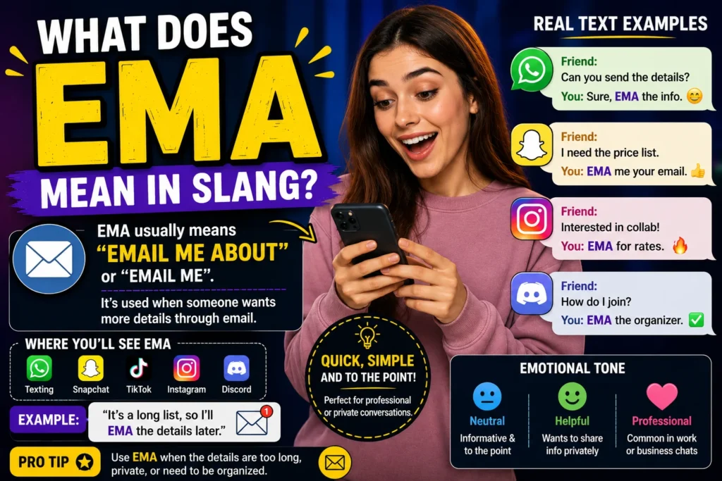 Colorful featured image explaining the slang meaning of “EMA” with a surprised young woman using a smartphone, bold text saying “What Does EMA Mean in Slang?”, and chat examples from WhatsApp, Snapchat, Instagram, and Discord showing EMA used as “Email Me About” or “Email Me.”