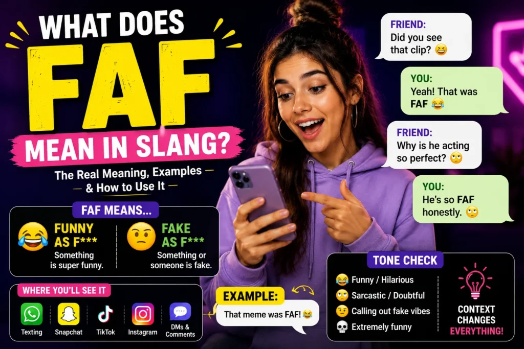 Colorful featured image explaining “FAF” slang meaning in text messages, showing expressive young people chatting on smartphones with bold FAF text, modern social media style graphics, and casual texting examples.