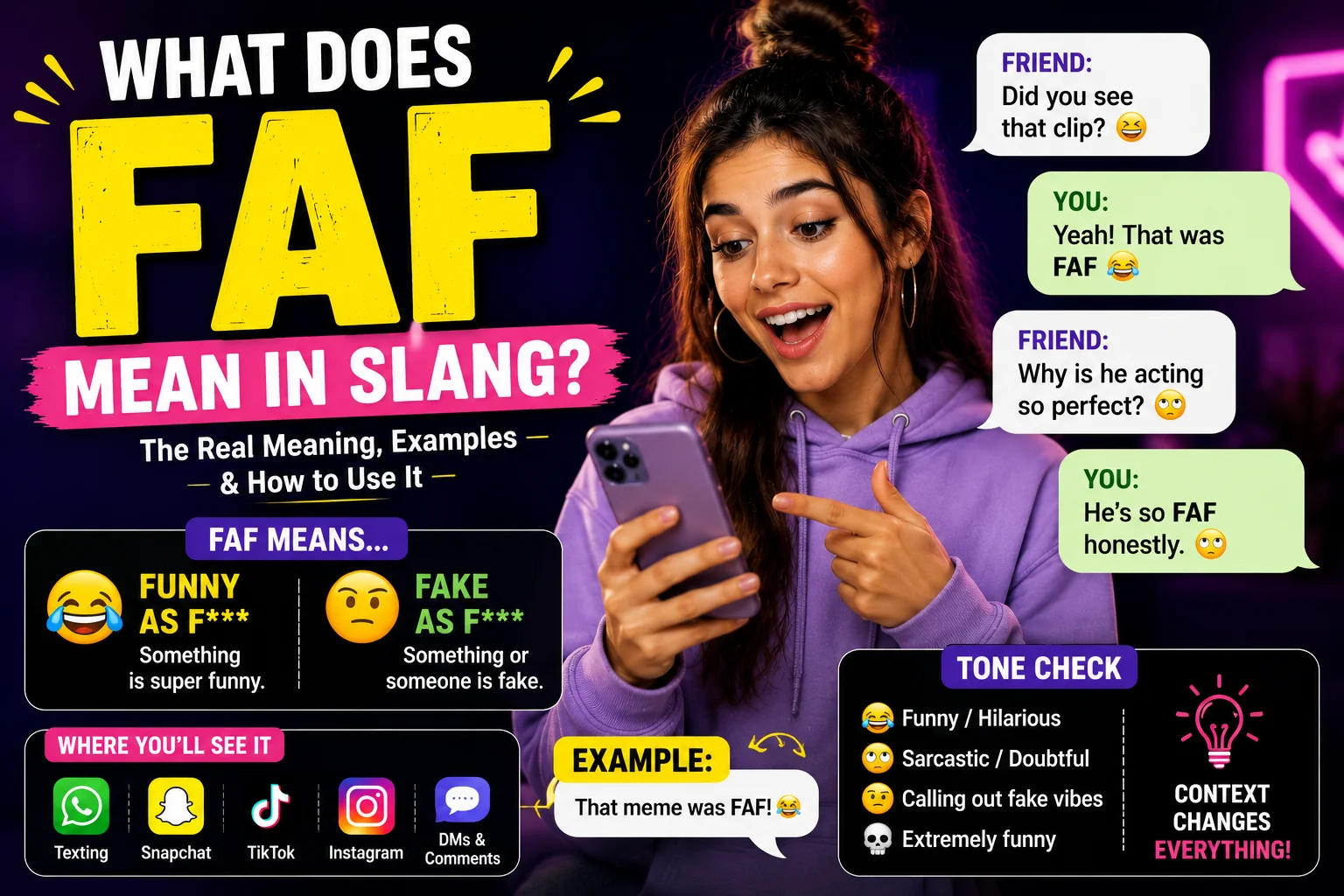 Colorful featured image explaining “FAF” slang meaning in text messages, showing expressive young people chatting on smartphones with bold FAF text, modern social media style graphics, and casual texting examples.