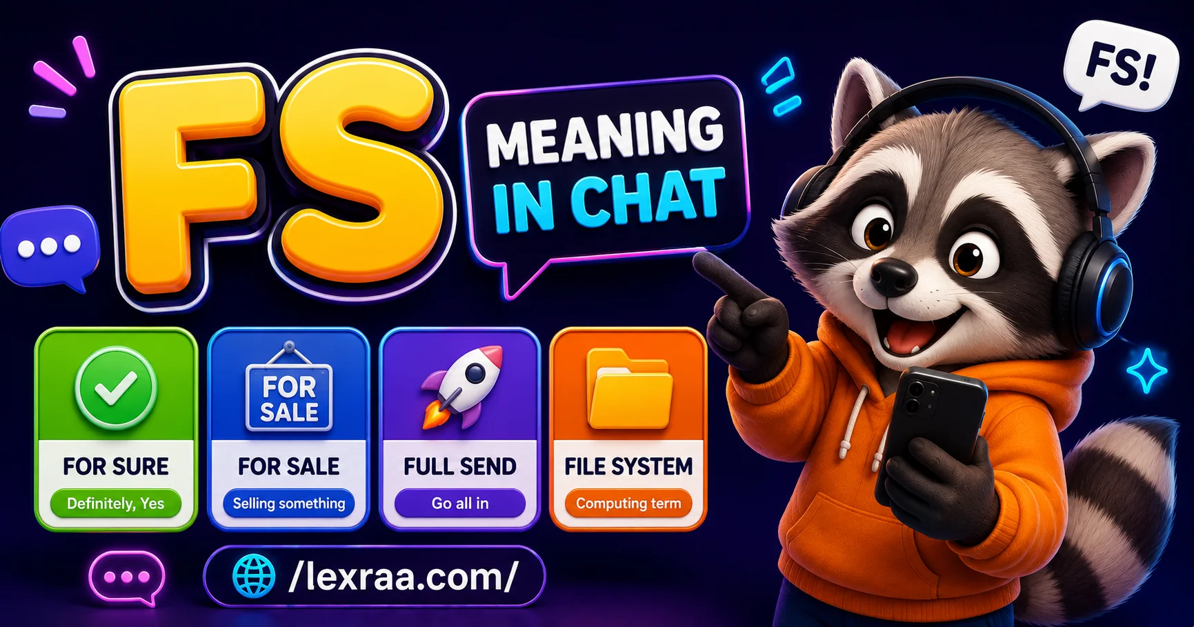 FS meaning in chat featured image showing “For Sure,” “For Sale,” “Full Send,” and “File System” with a cartoon raccoon holding a smartphone on a colorful 3D background.
