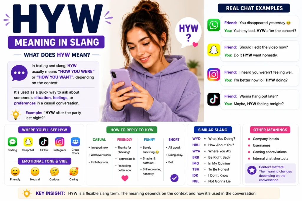 Clean featured image for “HYW meaning slang” showing a modern smartphone chat interface with the text “HYW” in bold letters, friendly human facial expressions, and a simple social media-inspired background representing texting and online slang communication.
