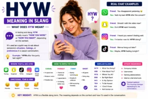 Clean featured image for “HYW meaning slang” showing a modern smartphone chat interface with the text “HYW” in bold letters, friendly human facial expressions, and a simple social media-inspired background representing texting and online slang communication.
