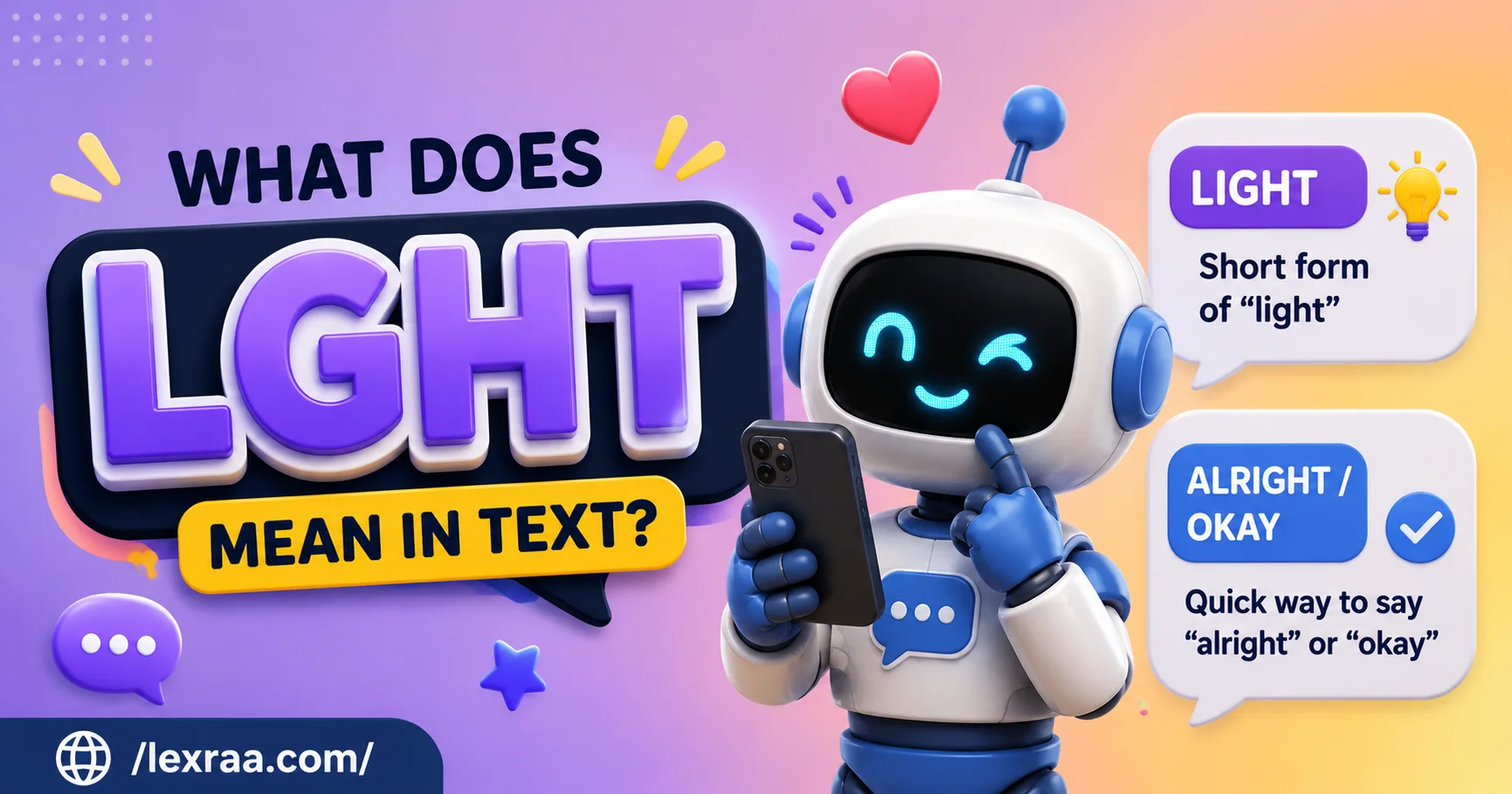 “LGHT meaning in text explained with a friendly robot holding a smartphone, showing ‘light’ and ‘alright/okay’ as possible meanings,