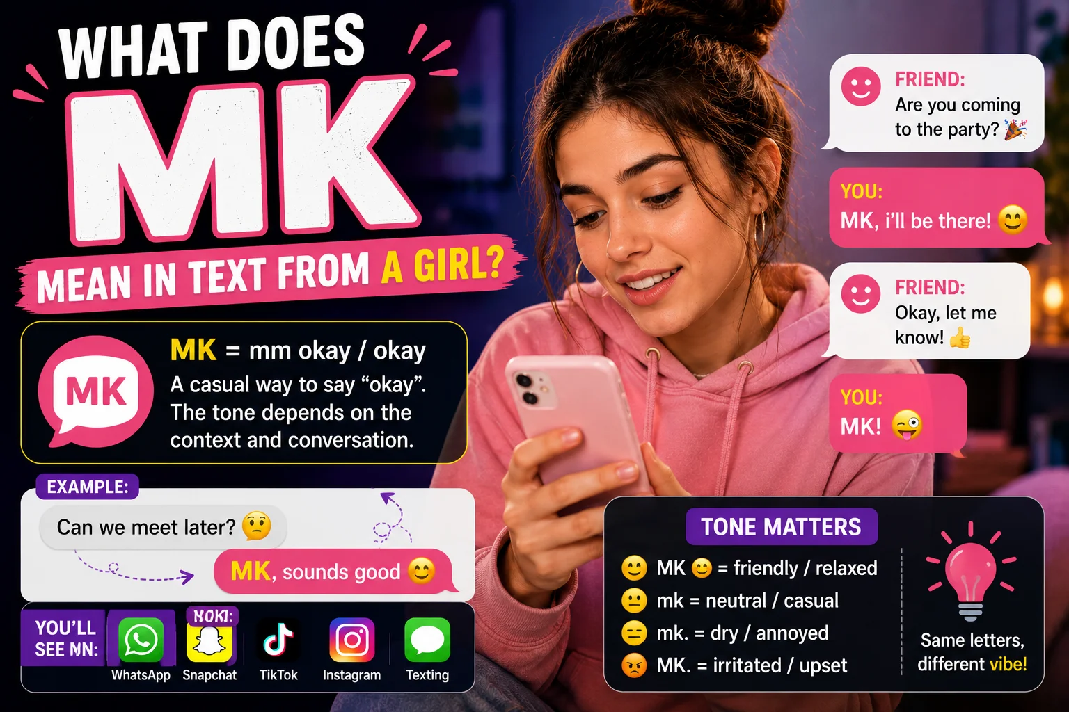 Colorful thumbnail-style illustration explaining “MK” text slang, featuring a smiling Gen Z girl texting on her smartphone with bold text “MK = Mmm Okay” and casual chat bubbles in a modern social media-inspired design.