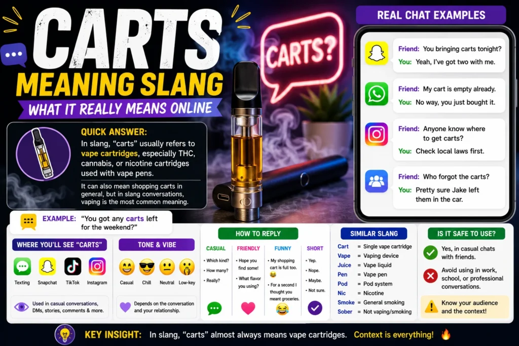 Featured infographic explaining the slang meaning of “Carts,” showing a vape cartridge and vape pen, text message examples, social media icons, and a quick definition that carts usually refers to vape cartridges in texting, Snapchat, TikTok, and online conversations.