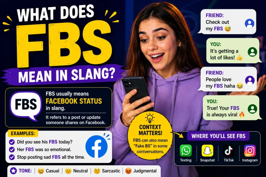 Colorful featured image explaining “FBS meaning slang” with stylish text bubbles, expressive young people using smartphones, and modern social media chat visuals in a clean digital communication theme.