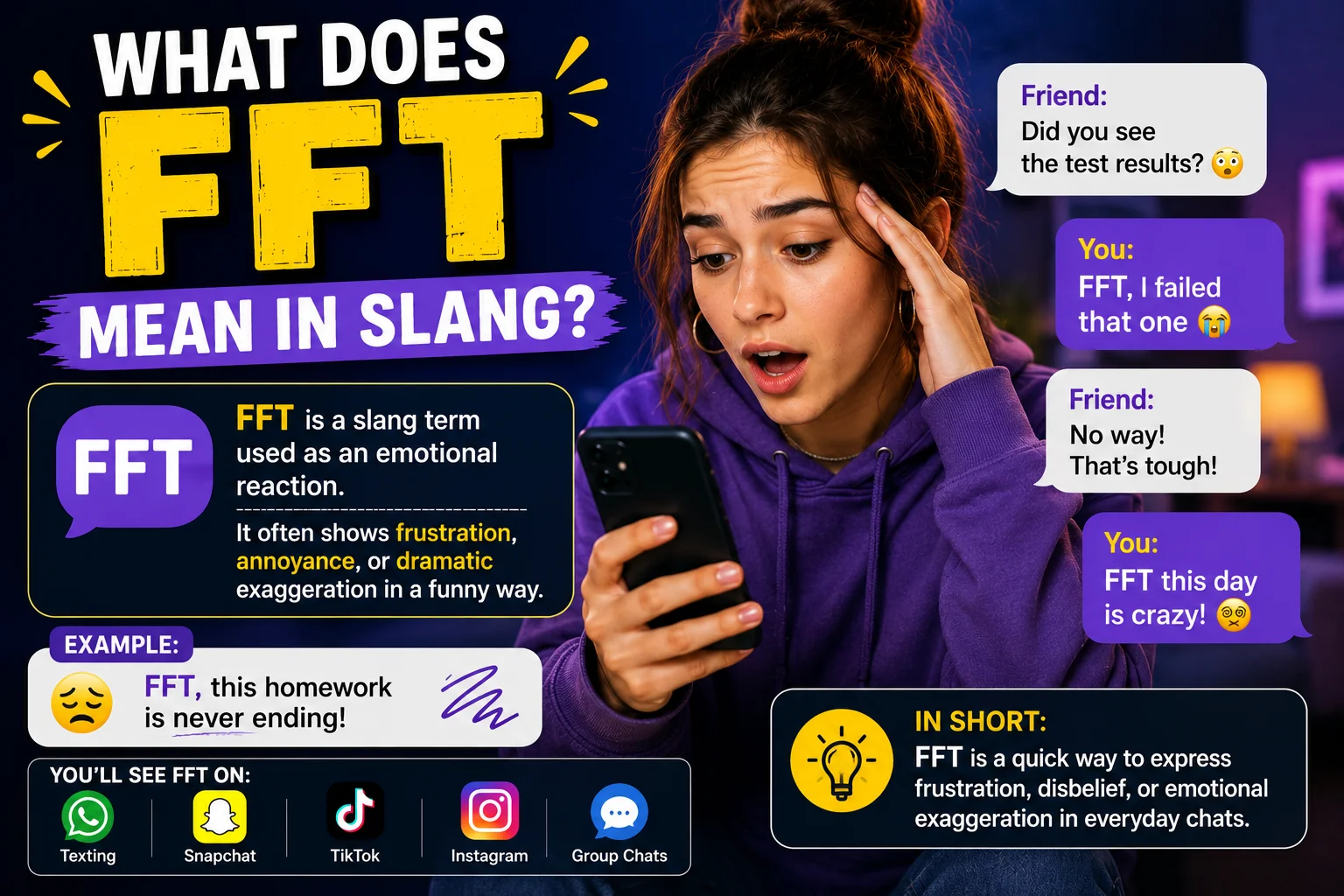 oung woman in a purple hoodie looking shocked at her phone beside bold text saying “What Does FFT Mean in Slang?” with chat bubbles explaining FFT as an emotional slang reaction used for frustration, annoyance, or dramatic exaggeration in texting and social media chats.