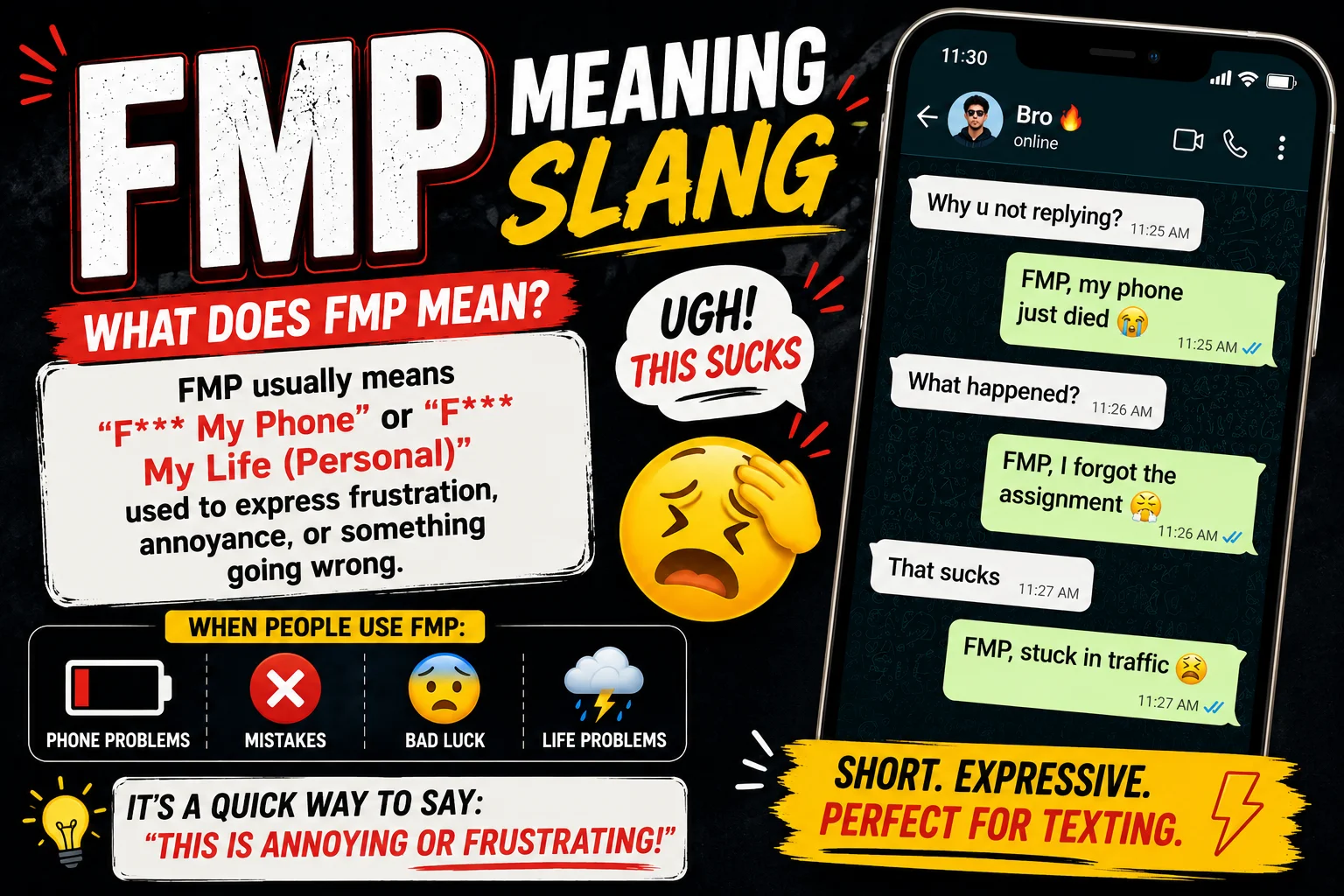 Bright, colorful infographic-style featured image explaining the slang term “FMP,” with bold headline text “FMP Meaning Slang,” a smartphone chat mockup showing frustrated text conversations, and a clear definition highlighting expressions like “F*** My Phone” or “F*** My Life,” alongside emojis and icons representing annoyance, mistakes, and everyday problems.