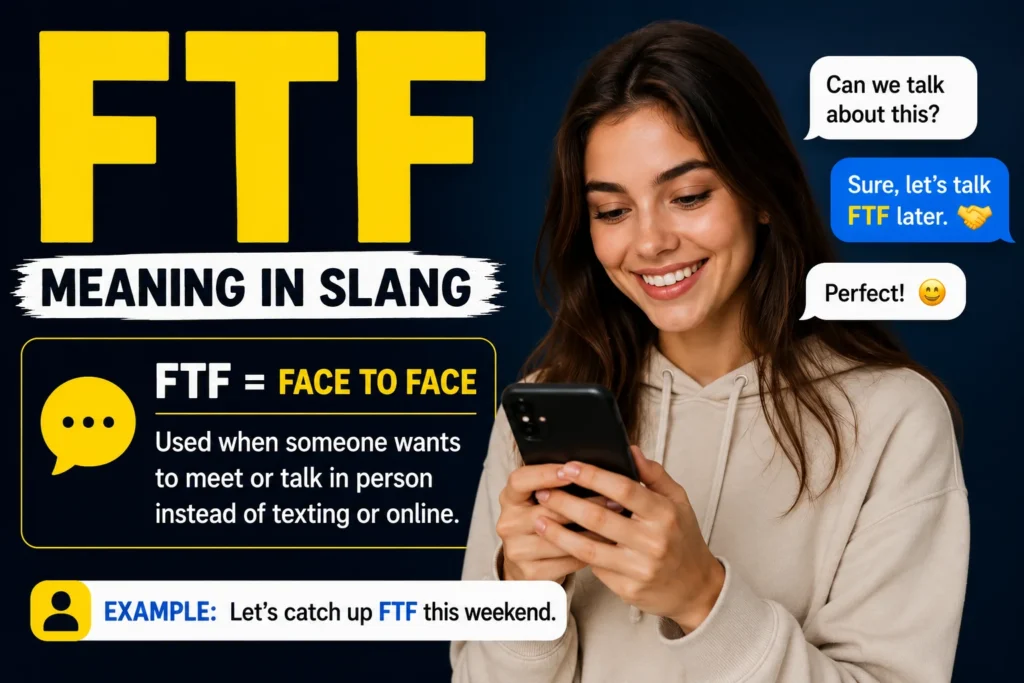 A clean modern featured image explaining “FTF” slang, showing a smiling young woman texting on her phone with bold text reading “FTF Meaning in Slang” and “FTF = Face to Face,” alongside simple chat bubbles and an example conversation.
