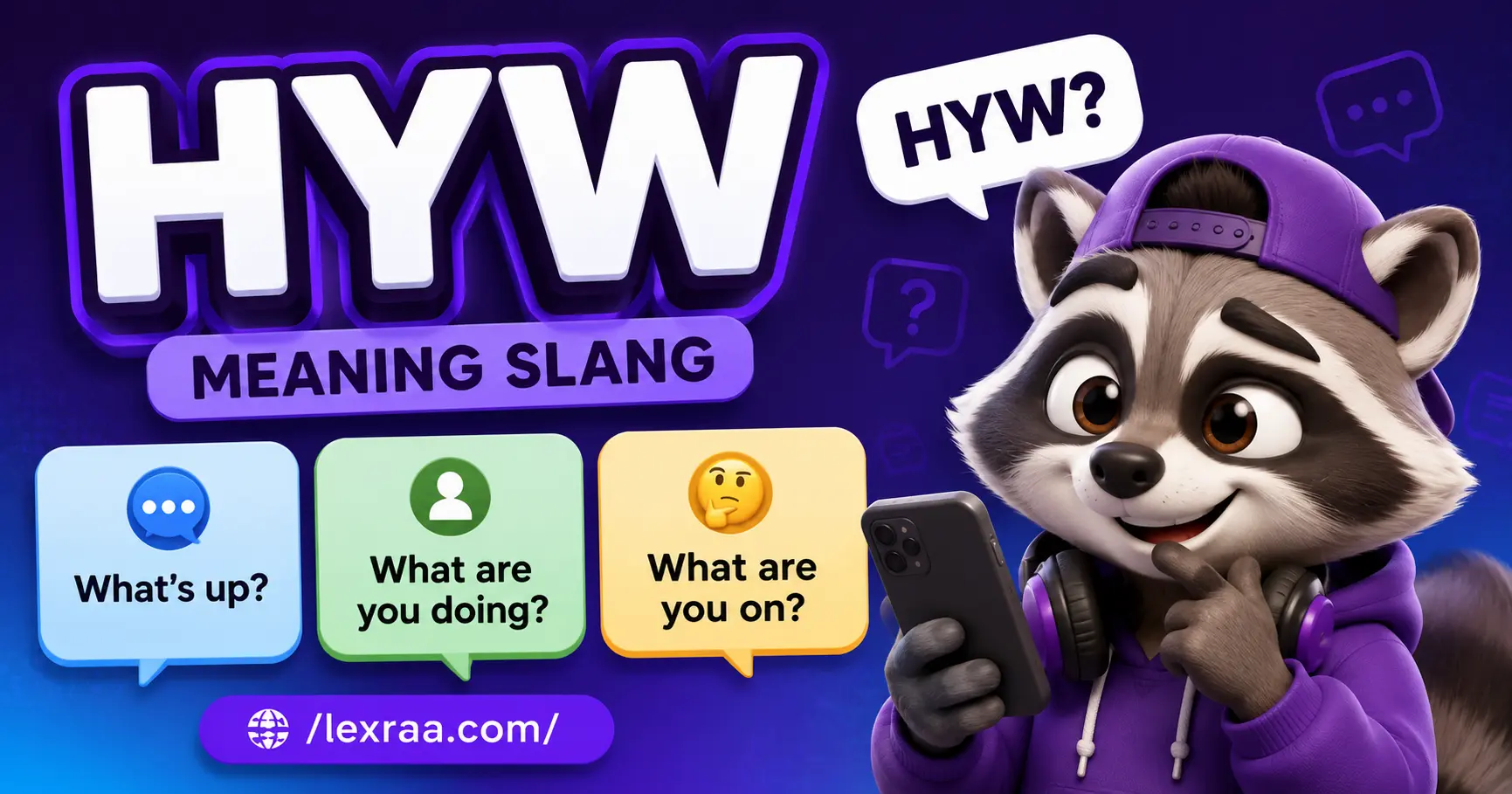 “Colorful 3D raccoon holding a smartphone beside the keyword ‘HYW,’ with chat bubbles showing possible meanings including ‘What’s up?’, ‘What are you doing?’, and ‘What are you on?’,