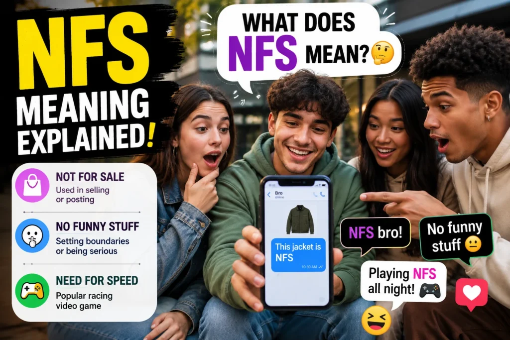 Diverse group of Gen Z friends sitting together in a cozy café, looking at a smartphone displaying a message with “NFS,” while bold text on screen reads “NFS = Not For Sale / No Funny Stuff,” illustrating its slang meaning in texting and social media.