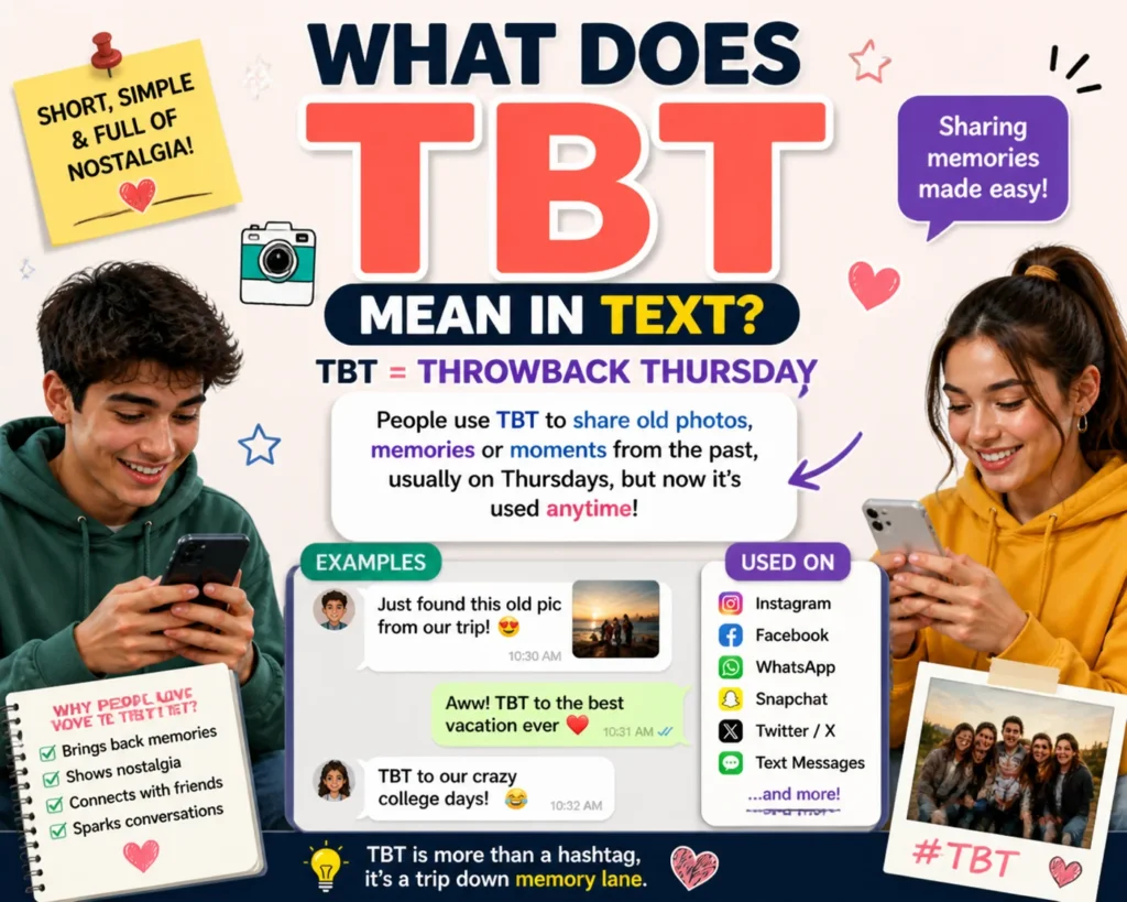 Infographic explaining the meaning of TBT (Throwback Thursday) in text. It highlights how people use TBT to share nostalgic memories and moments, with examples and visual illustrations of young people texting and using the hashtag across social media platforms.