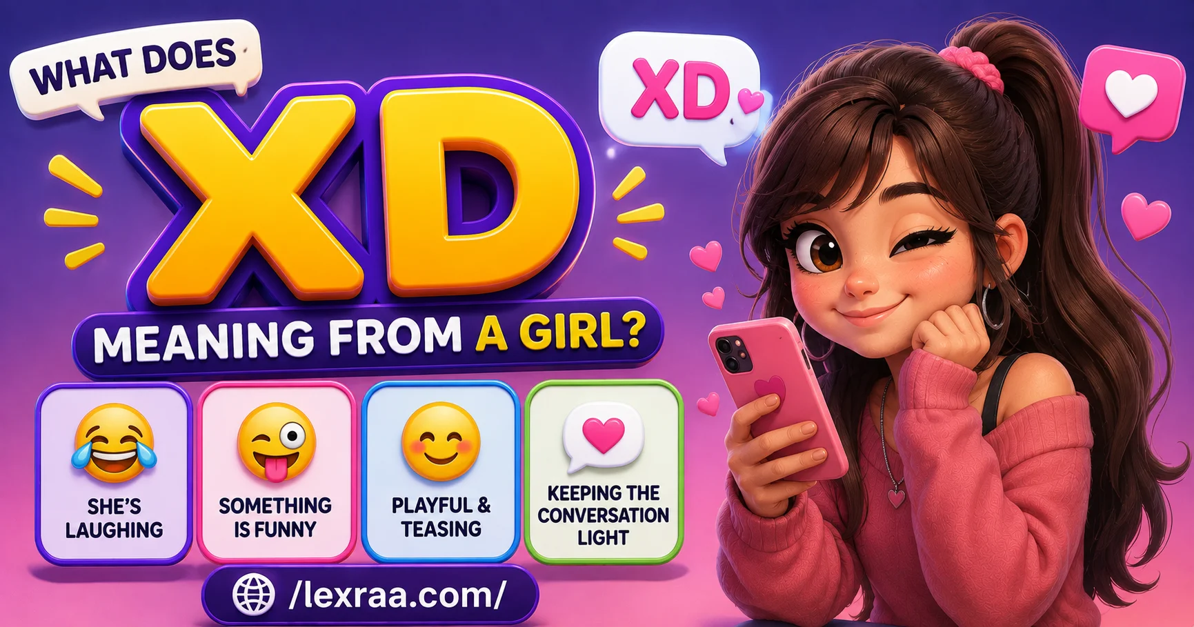 3D cartoon girl holding a smartphone with “XD” and “What Does XD Meaning From a Girl?” text, illustrating laughter, humor, playful teasing, and lighthearted texting.
