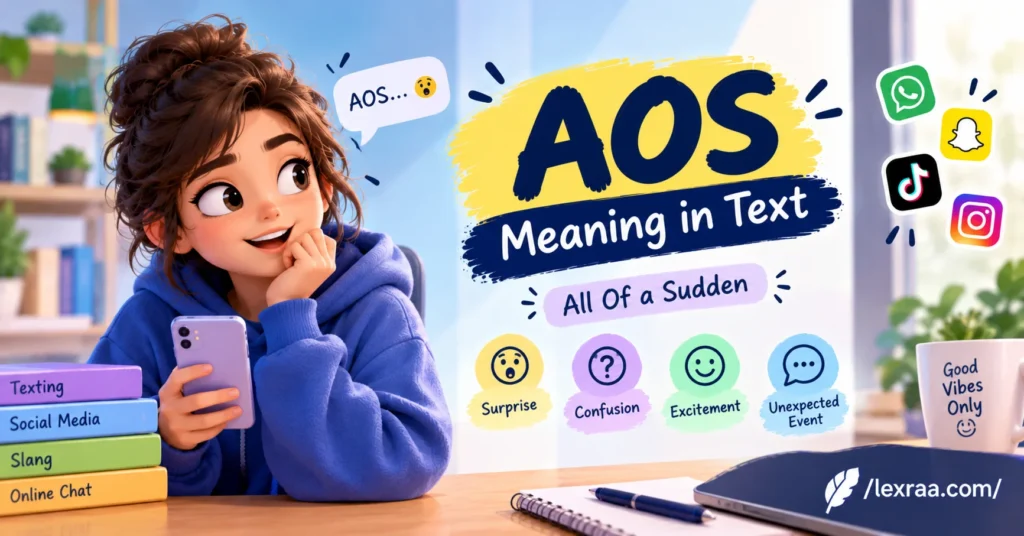 AOS meaning in text featured image showing a surprised 3D cartoon woman holding a smartphone, with “All Of a Sudden” and the meanings “Surprise,” “Confusion,” “Excitement,” and “Unexpected Event,” plus social media icons and /lexraa.com/ branding.