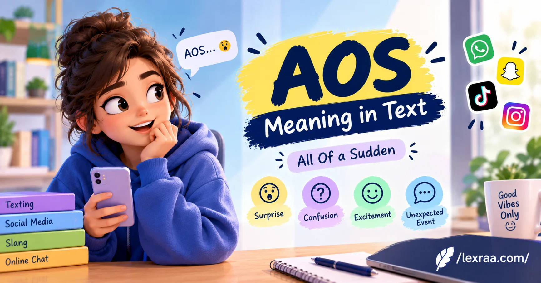 AOS meaning in text featured image showing a surprised 3D cartoon woman holding a smartphone, with “All Of a Sudden” and the meanings “Surprise,” “Confusion,” “Excitement,” and “Unexpected Event,” plus social media icons and /lexraa.com/ branding.