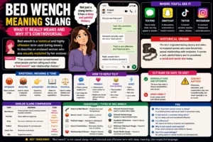 Illustration explaining the meaning of “bed wench” in slang and historical context, featuring a modern social media discussion on a smartphone screen, educational text highlights, historical reference elements, and a clear breakdown of the term’s meaning, usage, controversy, and online discussions.