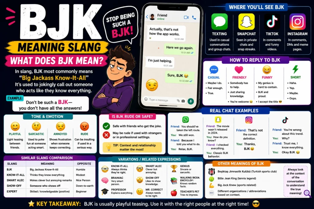 Colorful infographic explaining BJK meaning in slang, featuring a cartoon male character, smartphone text conversation, social media icons, examples of BJK in chats, emotional tone guide, reply suggestions, slang comparison table, related expressions, and other meanings of BJK in a modern social media-style design.