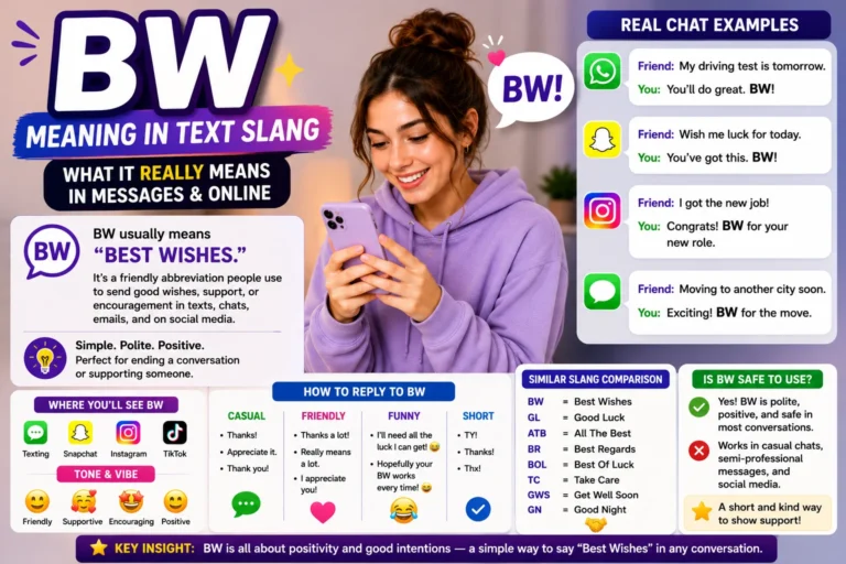 Clean featured image explaining the meaning of “BW” in text slang, showing a smartphone with chat messages, the abbreviation “BW” highlighted, and a simple definition indicating that BW commonly means “Best Wishes” in texting, Snapchat, Instagram, and online conversations.