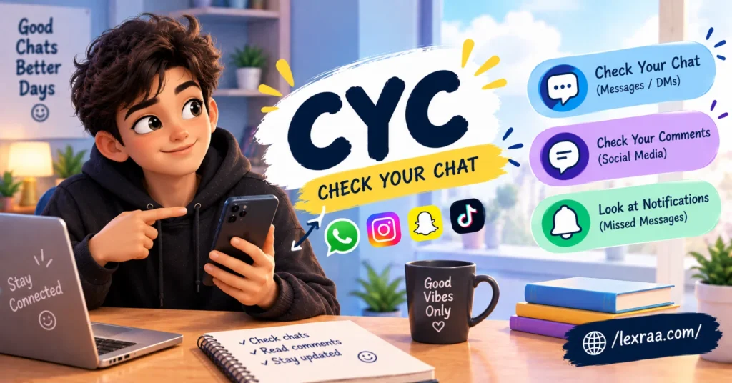 Colorful 3D illustration of a young man checking his smartphone beside the bold term “CYC,” with labels for “Check Your Chat,” “Check Your Comments,” and missed notifications, plus social media icons