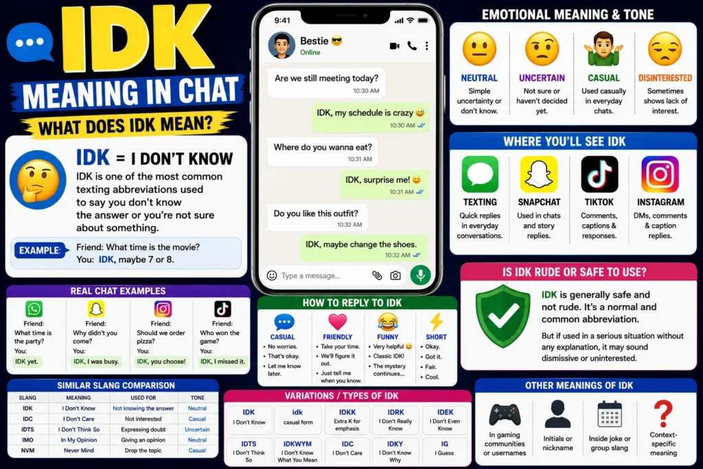 Illustration explaining the meaning of “IDK” in chat and texting slang, featuring a smartphone with messaging bubbles, question marks, and bold text highlighting the abbreviation “IDK” and its meaning “I Don’t Know” for social media and online conversations.