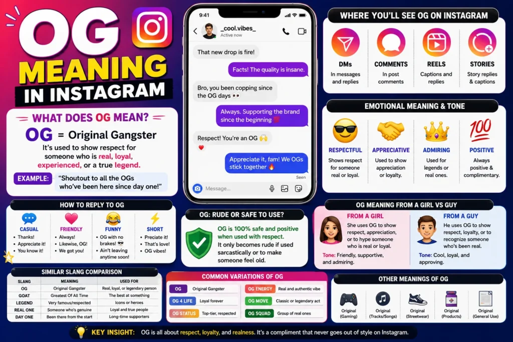 Illustration explaining the meaning of “OG” on Instagram, featuring a smartphone displaying social media posts, the bold letters “OG,” and modern digital communication icons representing slang, texting, and online culture.