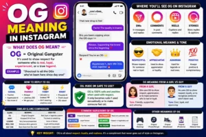 Illustration explaining the meaning of “OG” on Instagram, featuring a smartphone displaying social media posts, the bold letters “OG,” and modern digital communication icons representing slang, texting, and online culture.