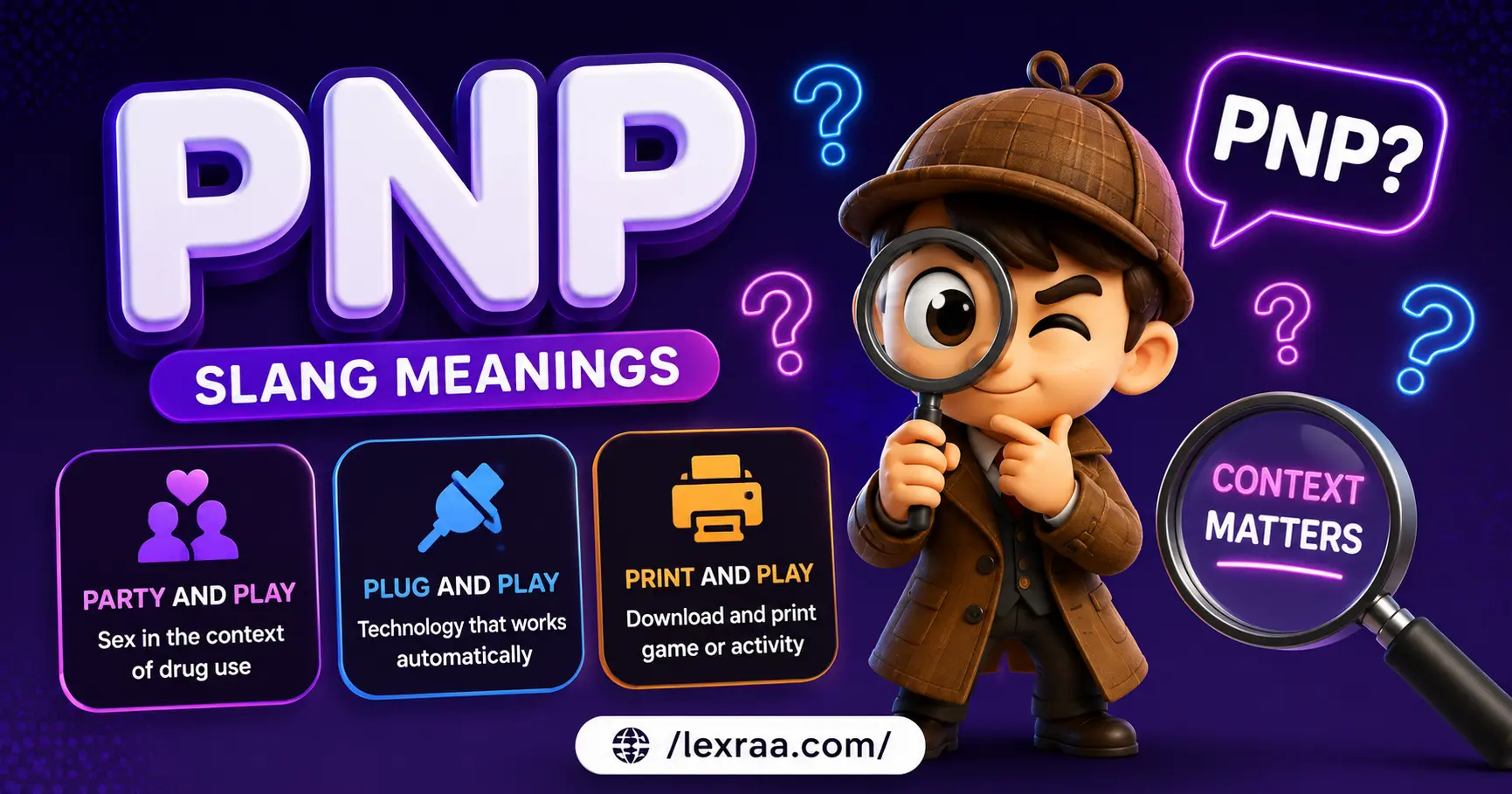 Alt text: Modern 3D detective character investigating “PNP” with a magnifying glass, alongside the meanings “Party and Play,” “Plug and Play,” and “Print and Play,” for Lexraa.