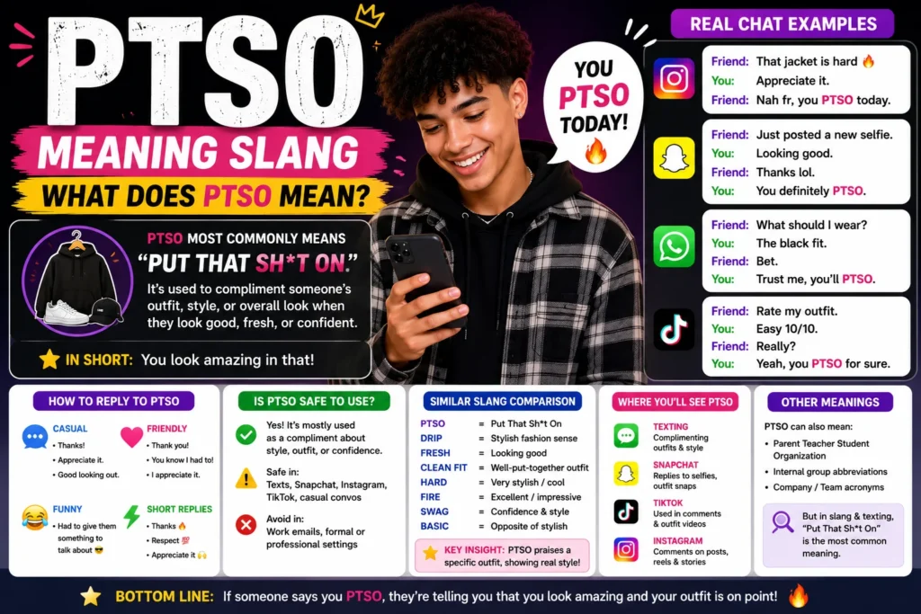 PTSO meaning slang infographic featuring a stylish young man checking his phone, with explanations of “PTSO” (Put That Sh*t On), texting examples, social media usage, reply ideas, similar slang terms, and fashion-related chat conversations from Instagram, Snapchat, TikTok, and WhatsApp.