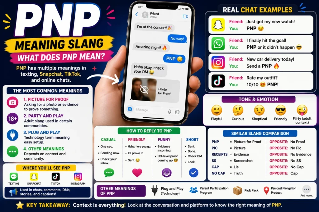 Colorful infographic-style featured image explaining PNP slang meaning, showing a smartphone chat conversation, social media icons, and visual sections covering “Picture for Proof,” “Party and Play,” texting examples, emotional tone, reply suggestions, and where PNP is commonly used on Snapchat, TikTok, Instagram, and messaging apps.