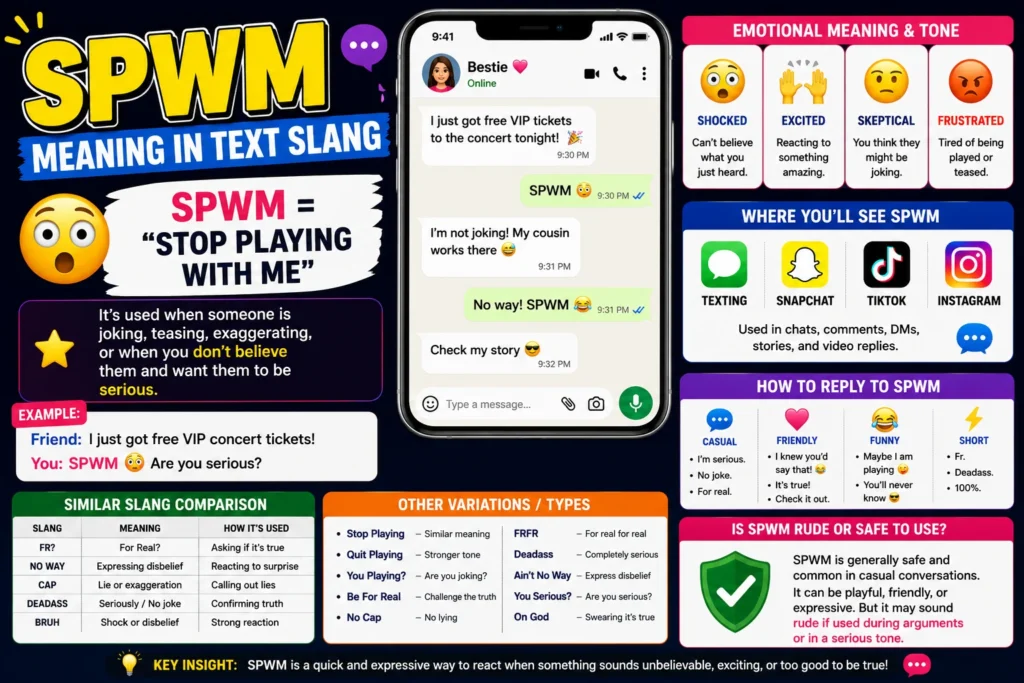 SPWM meaning in text slang illustrated with a colorful smartphone chat interface, speech bubbles, social media icons, and bold headline text explaining the SPWM abbreviation used in texting, Snapchat, TikTok, and online conversations.