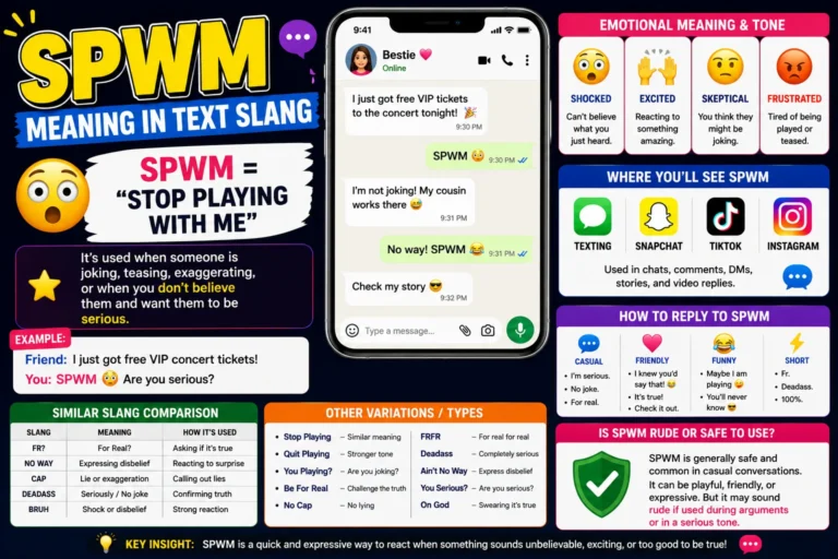 SPWM meaning in text slang illustrated with a colorful smartphone chat interface, speech bubbles, social media icons, and bold headline text explaining the SPWM abbreviation used in texting, Snapchat, TikTok, and online conversations.