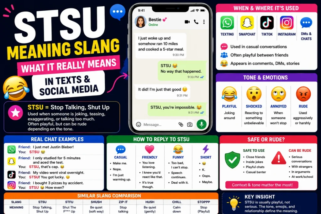 STSU meaning slang infographic showing the definition of STSU (Stop Talking, Shut Up), real text message examples, tone explanations, social media usage, reply ideas, slang comparisons, and guidance on whether the term is playful or rude.