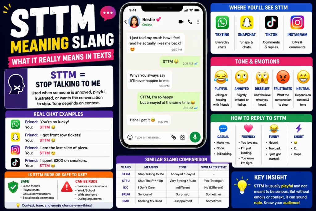 STTM meaning slang infographic explaining that STTM stands for “Stop Talking to Me,” featuring texting examples, tone meanings, social media usage on Snapchat, TikTok, Instagram, and WhatsApp, response ideas, slang comparisons, and guidance on when the term is playful or potentially rude.