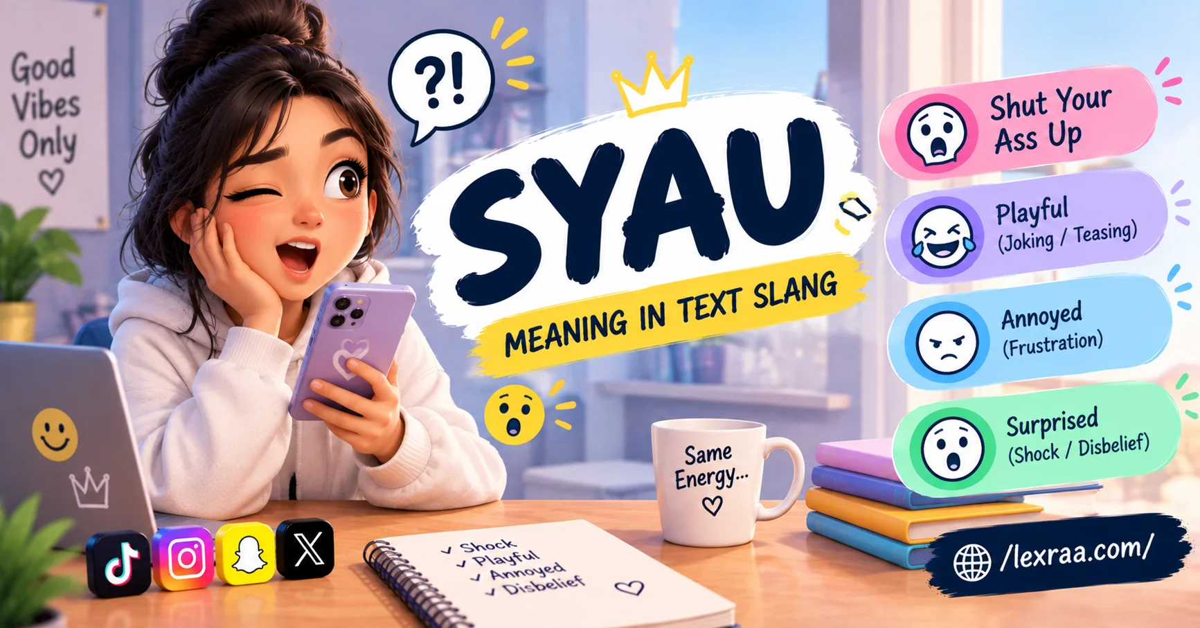 Colorful 3D illustration featuring a surprised character holding a smartphone beside the bold term “SYAU,” with labels showing “Shut Your Ass Up,” playful teasing, annoyance, and shock or disbelief, plus social media icons
