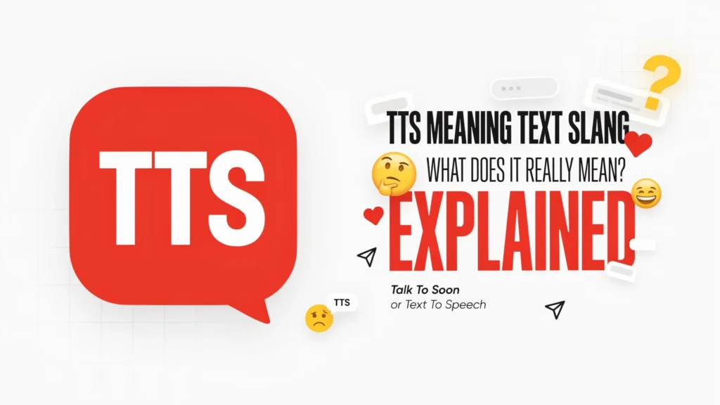 TTS meaning text slang featured image showing a large red chat bubble with “TTS” and the headline “TTS Meaning Text Slang: What Does It Really Mean? Explained,” alongside texting emojis, chat icons, and references to “Talk To Soon” and “Text To Speech.”