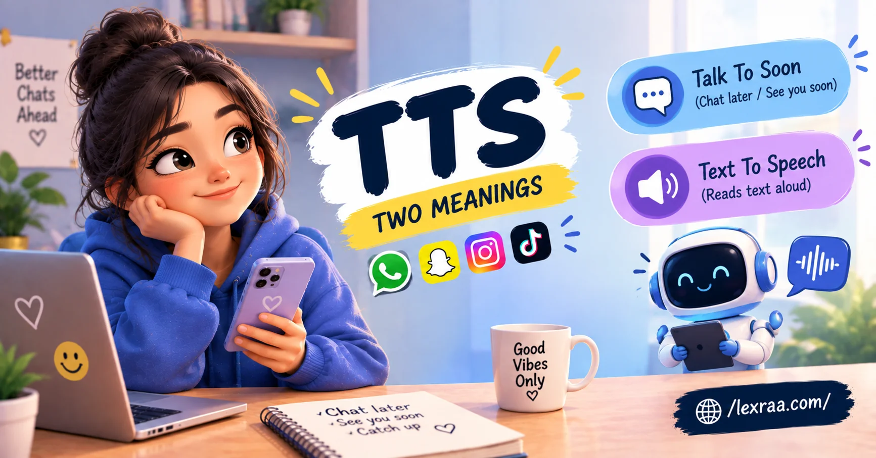 Colorful 3D illustration featuring a young woman holding a smartphone beside the bold term “TTS,” with labels for “Talk To Soon” and “Text To Speech,” social media icons,