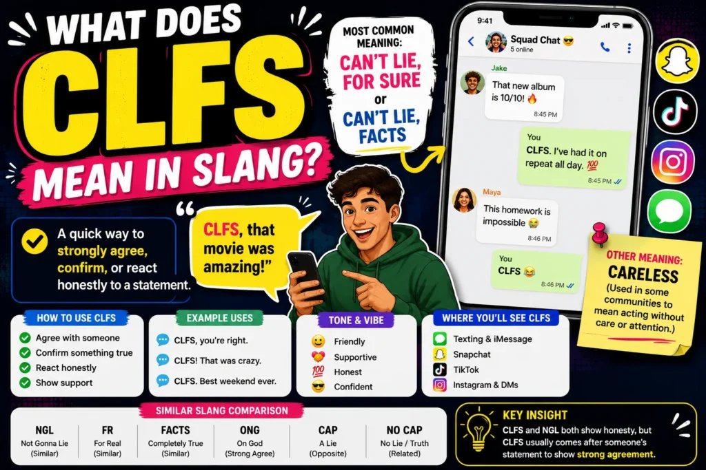 Featured image for a blog article titled “What Does CLFS Mean in Slang?” featuring a large bold yellow CLFS acronym on a dark, high-contrast background with colorful infographic elements. The graphic explains that CLFS most commonly means “Can’t Lie, For Sure” or “Can’t Lie, Facts,” a texting slang expression used to strongly agree with someone or confirm that something is true.