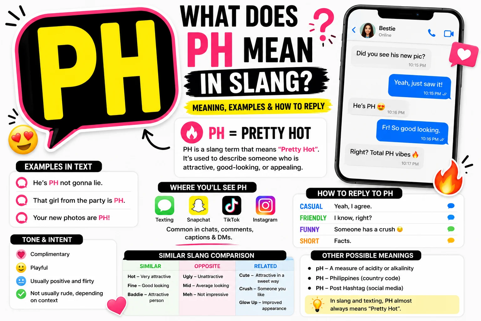 Featured image for a blog article titled “What Does PH Mean in Slang?” featuring a large yellow PH acronym inside a black speech bubble with pink accents on a clean white background. The infographic explains that PH most commonly means “Pretty Hot” in texting and social media slang. A smartphone mockup displays a chat conversation where friends discuss someone's photo and describe them as “PH.” The image includes sections for text examples, tone and intent, how to reply to PH, similar slang comparisons, and other possible meanings.