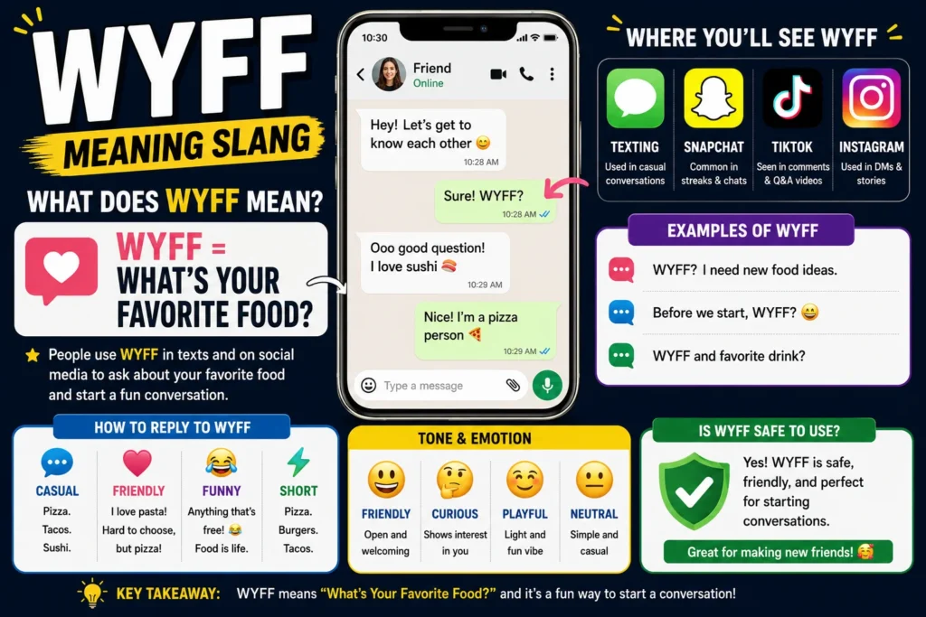 WYFF meaning slang infographic featuring a smartphone text conversation, social media icons, and colorful text explaining that WYFF stands for “What’s Your Favorite Food?” The image includes real chat examples, response ideas, emotional tone explanations, and shows where WYFF is commonly used on texting, Snapchat, TikTok, and Instagram.